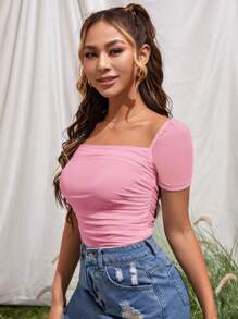 SHEIN Privé Square Neck Ruched Mesh Top - Pink - View 4