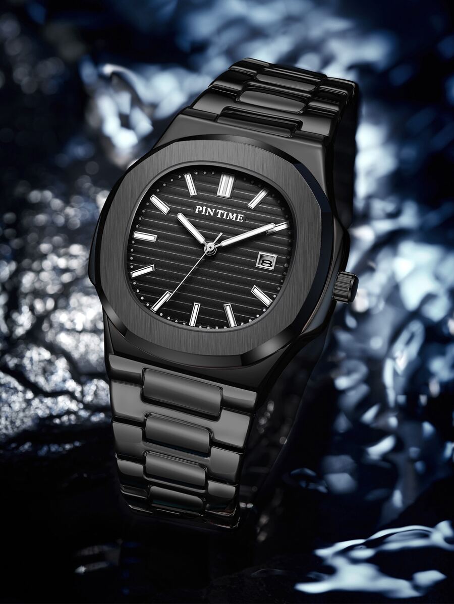 PINTIME Men 30M Water Resistant Date Quartz Watch With Strap Remover Father - Black - View 1