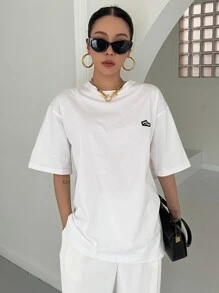 DAZY Slogan Graphic Patched Detail Drop Shoulder Tee - White - View 3