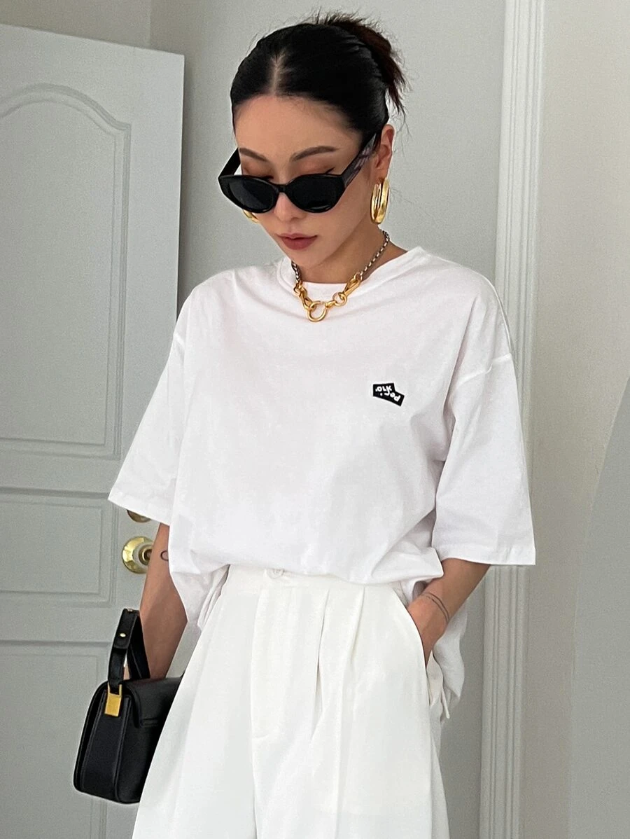 DAZY Slogan Graphic Patched Detail Drop Shoulder Tee - White - View 1