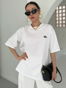 DAZY Slogan Graphic Patched Detail Drop Shoulder Tee - White - View 7