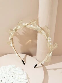 Girls' All Seasons Mesh Fabric Bowknot Hairband With Rhinestone And Pearl Embellishment - Khaki - View 3