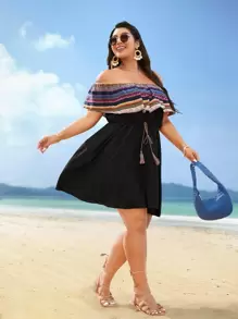 SHEIN VCAY Vestido de rayas combinadas de hombros descubiertos ribete con fruncido con fleco con cordón