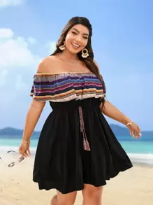 SHEIN VCAY Vestido de rayas combinadas de hombros descubiertos ribete con fruncido con fleco con cordón