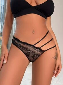 Floral Lace Cut Out Sheer Panty - màu đen - Xem 1