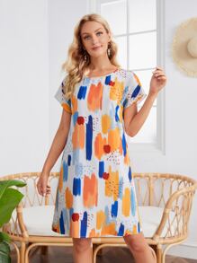 EMERY ROSE Vestido túnico con estampado de pincelada de manga murciélago - Multicolor - Ver 6