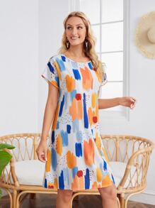 EMERY ROSE Vestido túnico con estampado de pincelada de manga murciélago - Multicolor - Ver 5