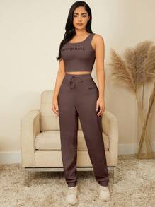 Letter Graphic Crop Tank Top & Tie Front Pants PJ Set - Chocolate Brown - View 1