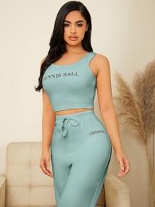Letter Graphic Crop Tank Top & Tie Front Trousers PJ Set - Cadet Blue - View 6