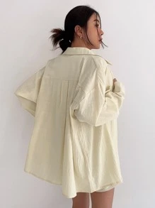DAZY Camisa de mujer de manga larga con botones, hombros caídos y bolsillos dobles - Amarillo - Ver 2