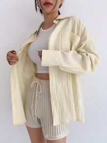 DAZY Camisa de mujer de manga larga con botones, hombros caídos y bolsillos dobles - Amarillo - Ver 3