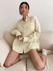 DAZY Camisa de mujer de manga larga con botones, hombros caídos y bolsillos dobles - Amarillo - Ver 7