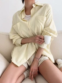 DAZY Camisa de mujer de manga larga con botones, hombros caídos y bolsillos dobles - Amarillo - Ver 8