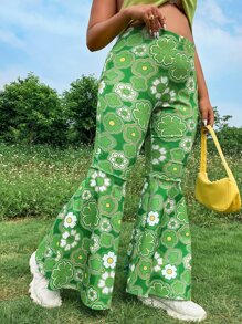 Flirla 大碼多巴胺穿衣法印花喇叭褲 - 綠色 - 查看 1