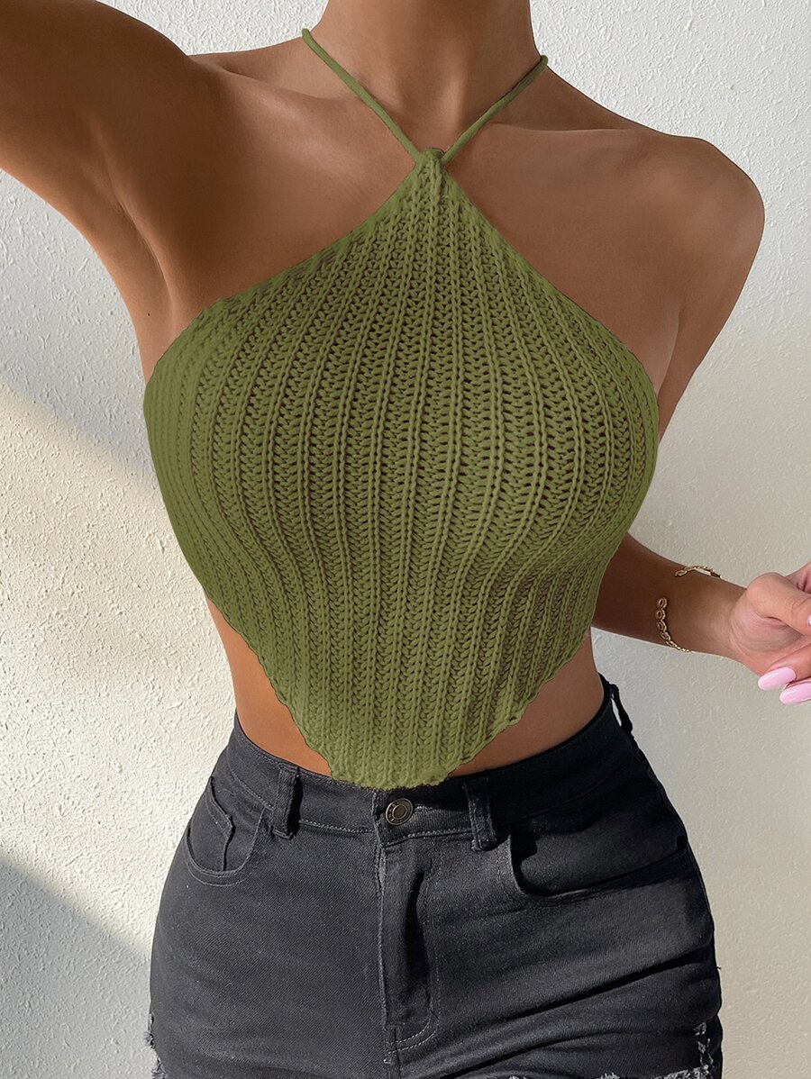 Zolique Casual Textured Suspender Knit Top, Solid Color Asymmetrical Hem Spaghetti Strap Crop Top, Spring/Summer - Olive Green - View 1