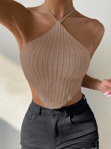 Allurite 後背繫帶十字交叉頭巾下擺針織短上衣 - 摩卡棕 - 查看 1