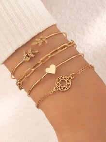 4pcs Leaf & Heart Decor Bracelet - Yellow Gold - View 2