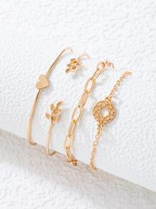 4pcs Leaf & Heart Decor Bracelet - Yellow Gold - View 3