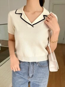 DAZY Top Tejido Con Cuello De Solapa Y Ribete En Contraste - Blanco - Ver 3