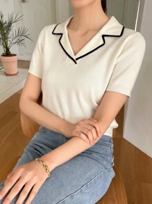 DAZY Top Tejido Con Cuello De Solapa Y Ribete En Contraste - Blanco - Ver 4