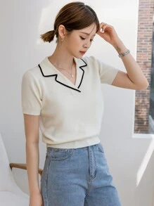 DAZY Top Tejido Con Cuello De Solapa Y Ribete En Contraste - Blanco - Ver 7