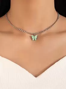 Butterfly Pendant Necklace - Green - View 1