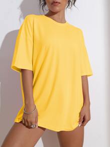 SHEIN Unity Camisetas gráficas con eslogan y estampa de rostro de dibujos animados para mujeres - Amarillo - Ver 2