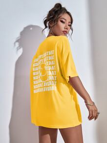 SHEIN Unity Camisetas gráficas con eslogan y estampa de rostro de dibujos animados para mujeres - Amarillo - Ver 4