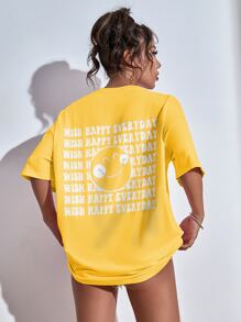 SHEIN Unity Camisetas gráficas con eslogan y estampa de rostro de dibujos animados para mujeres - Amarillo - Ver 5