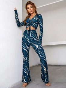 SHEIN Unity 大理石圖案抽繩短款T恤和喇叭褲 - 彩色 - 查看 3