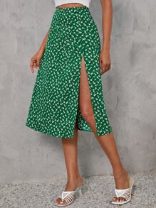 Falda floral de muslo con abertura - Verde - Ver 2