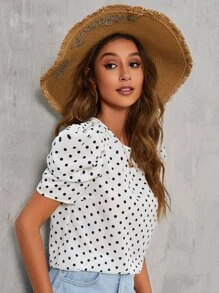 SHEIN Clasi Áo sơ mi nữ Nút Chấm bi Thanh lịch - trắng - Xem 5