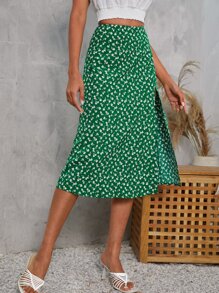 Falda floral de muslo con abertura - Verde - Ver 5