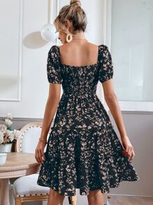 SHEIN Clasi Floral Print Puff Sleeve Shirred Layered Hem Dress