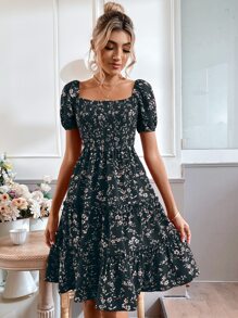 SHEIN Clasi Floral Print Puff Sleeve Shirred Layered Hem Dress