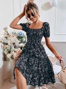SHEIN Clasi Floral Print Puff Sleeve Shirred Layered Hem Dress