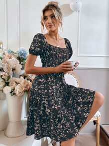 SHEIN Clasi Floral Print Puff Sleeve Shirred Layered Hem Dress