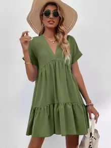 SHEIN LUNE Roll Cuff Ruffle Hem Solid Dress - Army Green - View 3