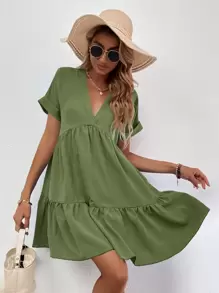 SHEIN LUNE Roll Cuff Ruffle Hem Solid Dress - Army Green - View 4