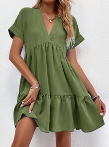 SHEIN LUNE Roll Cuff Ruffle Hem Solid Dress - Army Green - View 5