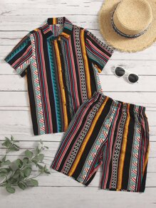 SHEIN Boys Geo Print Shirt & Shorts - Multicolor - View 1