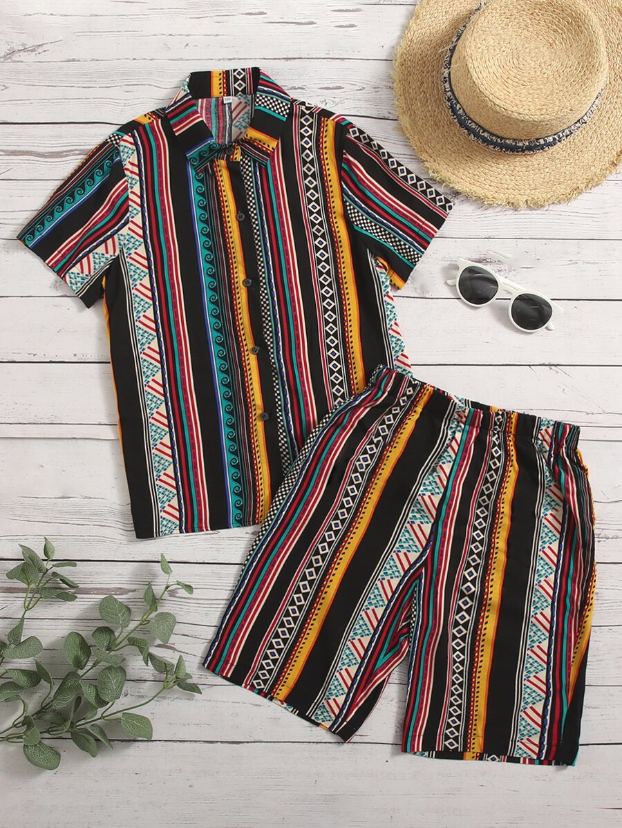 SHEIN Boys Geo Print Shirt & Shorts - Multicolor - View 1