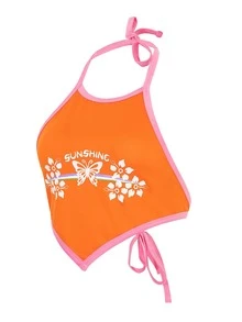 Butterfly & Floral Print Contrast Binding Tie Back Hanky Hem Halter Top - Orange - View 4