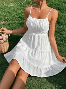 Breezaya 圓點胸部褶皺荷葉邊吊帶連衣裙