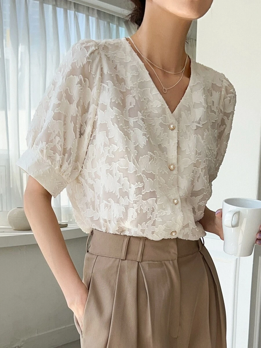 DAZY Textured Button Front Puff Sleeve Blouse - Beige - View 1