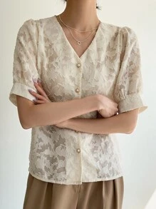 DAZY Textured Button Front Puff Sleeve Blouse - Beige - View 4