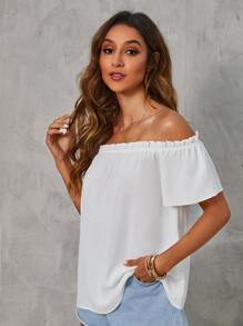 Blusa de hombros descubiertos ribete fruncido - Blanco - Ver 4