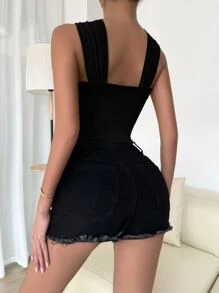 Zolique Solid Ruched Halterneck Crop Top - Black - View 2