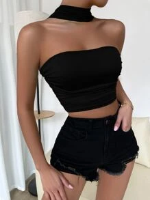 Zolique Solid Ruched Halterneck Crop Top - Black - View 6