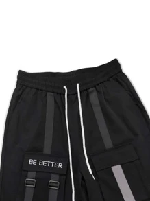 Manfinity Roghcode Men Slogan Graphic Buckle Detail Flap Pocket Drawstring Waist Cargo Trousers - Black - View 4